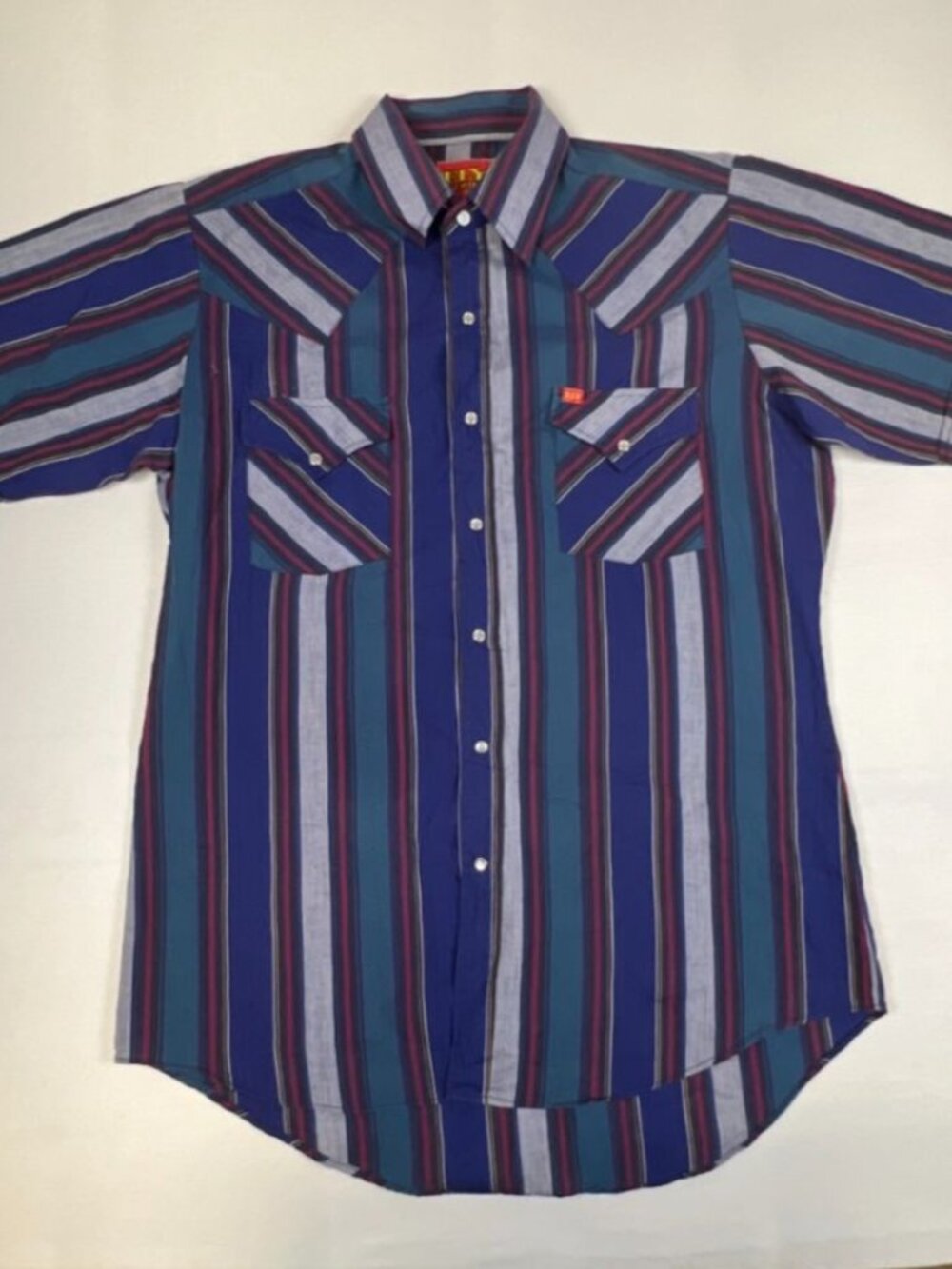 Vtg 90s Ely Plains Western Pearl Snap Shirt Striped Teal Blue Burgundy Medium
